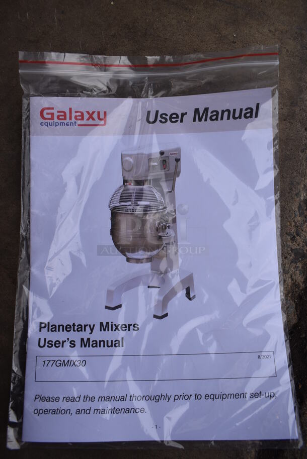 BRAND NEW SCRATCH AND DENT! Galaxy 177GMIX30 Metal Commercial Floor Style 30 Quart Planetary Dough Mixer w/ Stainless Steel Mixing Bowl, Bowl Guard, Dough Hook, Balloon Whisk and Paddle Attachments. 110 Volts, 1 Phase. 20x26x48. Tested and Working! - Image 9 of 9