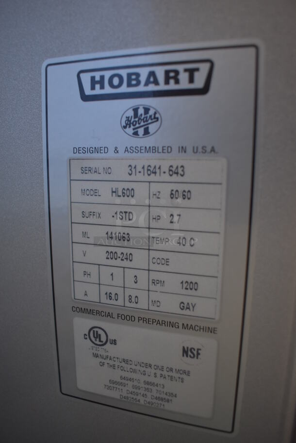 BRAND NEW SCRATCH AND DENT! Hobart Legacy HL600 Metal Commercial Floor Style 60 Quart Planetary Dough Mixer w/ Stainless Steel Mixing Bowl, Bowl Guard, Whisk, Dough Hook and Paddle Attachments. 200-240 Volts, 1/3 Phase. 28x40x64 - Image 8 of 12