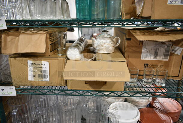 ALL ONE MONEY! Tier Lot of Various Items Including Libbey Tall Rocks Glasses, Ceramic Pitcher and Shot Glasses - Item #1115589