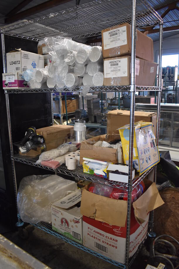 ALL ONE MONEY! Lot of 3 Tiers Worth of Various Items Including Disposable Cups, Lids, Receipt Printer Rolls and Mop Heads - Image 1 of 12