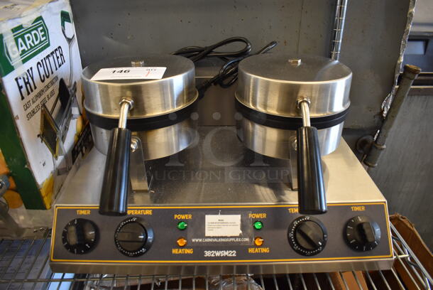 LIKE NEW SCRATCH AND DENT! Carnival King 382WSM22 Stainless Steel Commercial 2 Head Waffle Maker. Used a Few Times at Trade Show. 120 Volts, 1 Phase. 20x16x12. Tested and Working!