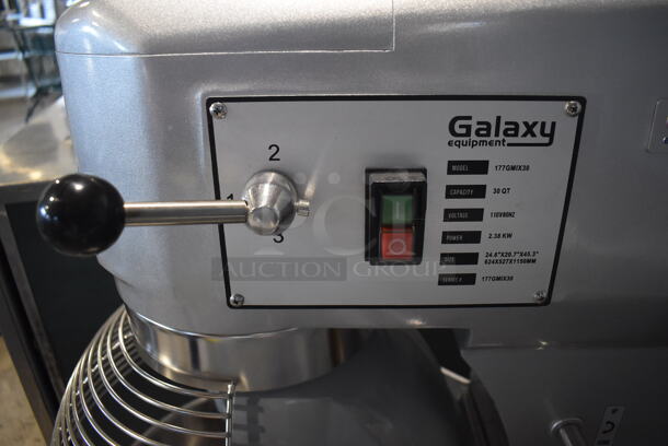 BRAND NEW SCRATCH AND DENT! Galaxy 177GMIX30 Metal Commercial Floor Style 30 Quart Planetary Dough Mixer w/ Stainless Steel Mixing Bowl, Bowl Guard, Dough Hook, Balloon Whisk and Paddle Attachments. Missing Fan. 110 Volts, 1 Phase. 22x26x46. Tested and Working! - Image 2 of 10
