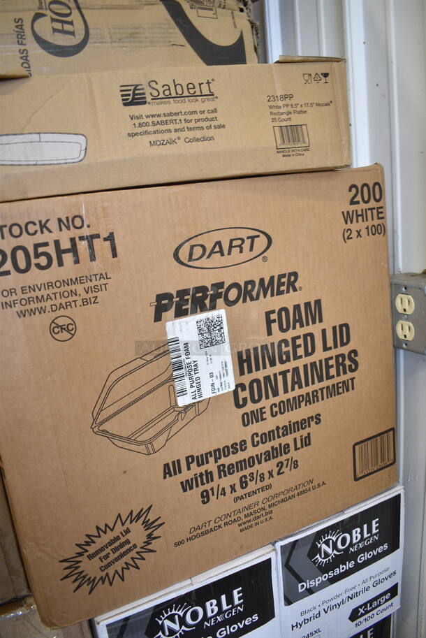 PALLET LOT of 37 BRAND NEW Boxes Including Dart 205HT1 White Foam Take Out Container with Perforated Hinged Lid 9" x 6" x 3" - 200/Case, 7072318PP Sabert Mozaik 17 1/2" x 6 1/2" White Plastic Platter / Catering Tray - 25/Case, 4 Box 394345XL Noble NexGen Powder-Free Disposable Black Hybrid 3 Mil Thick Gloves - Extra Large - 1000/Case, 129MCR24B Choice 24 oz. Black Round Microwavable Heavy Weight Container with Lid 7 1/4" - 150/Case, 129MCS28B Choice 28 oz. Black Rectangular Microwavable Heavy Weight Container with Lid 8 3/4" x 6 1/4" x 1 3/4" - 150/Case, 130WFORKWP Choice Individually Wrapped Medium Weight White Plastic Fork - 1000/Case, 433NHT10 Choice 1/6 Standard Size White "Thank You" Medium-Duty Plastic T-Shirt Bag - 1000/Case, 795PTOKFT3 Choice Kraft Microwavable Folded Paper #3 Take-Out Container 7 3/4" x 5 1/2" x 2 1/2" - 200/Case, 795PTOKFT2 Choice Kraft Microwavable Folded Paper #2 Take-Out Container 7 3/4" x 5 1/2" x 1 7/8" - 200/Case, 433W1657SACK Choice 1/6 57# White Heavy-Duty Paper Barrel Sack - 500/Case, 500CC12 Choice Clear PET Customizable Plastic Cold Cup - 12 oz. - 1000/Case, 50016W Choice 16 oz. White Poly Paper Hot Cup - 1000/Case, 70780HL Sabert Catering Pop-Top 10 3/4" Square Clear PET Hinged Lid for 80 oz. Square Bowls - 50/Case, 442BOX8CUBE Lavex 8" x 8" x 8" Kraft Corrugated RSC Shipping Box - 25/Bundle, 3 Box 128HD12COMBO ChoiceHD 12 oz. Microwavable Translucent Plastic Deli Container and Lid Combo Pack - 240/Case, 4619993HS Metro 9993HS Equivalent 3 1/2" Stainless Steel Foot Plate. 37 Times Your Bid! - Image 2 of 12