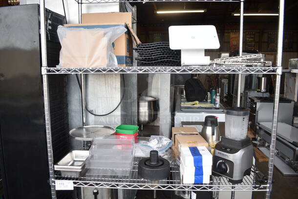 ALL ONE MONEY! Two Tier Lot of Various Items Including Blender, Metal Cake Stand, Poly Buckets,  Patty Paper, Saucers.  - Image 1 of 12