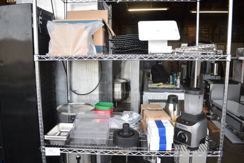 ALL ONE MONEY! Two Tier Lot of Various Items Including Blender, Metal Cake Stand, Poly Buckets,  Patty Paper, Saucers. 