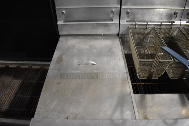 Pitco Frialator SG14-JS Stainless Steel Commercial Natural Gas Powered Floor Style 2 Bay Deep Fat Fryer w/ Right Side Pitco Frialator SGBNB14-0 Dumping Station, 4 Metal Fry Baskets and 2 Lids on Commercial Casters. 122,000 BTU. 47x35x46 - Image 3 of 12