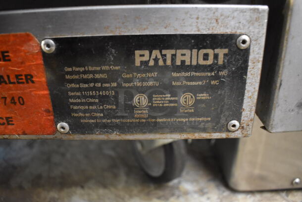 Patriot FMGR-36/NG Stainless Steel Commercial Natural Gas Powered 6 Burner Range w/ Oven and Back Splash on Commercial Casters. 196,000 BTU. 36x33x60 - Image 7 of 7