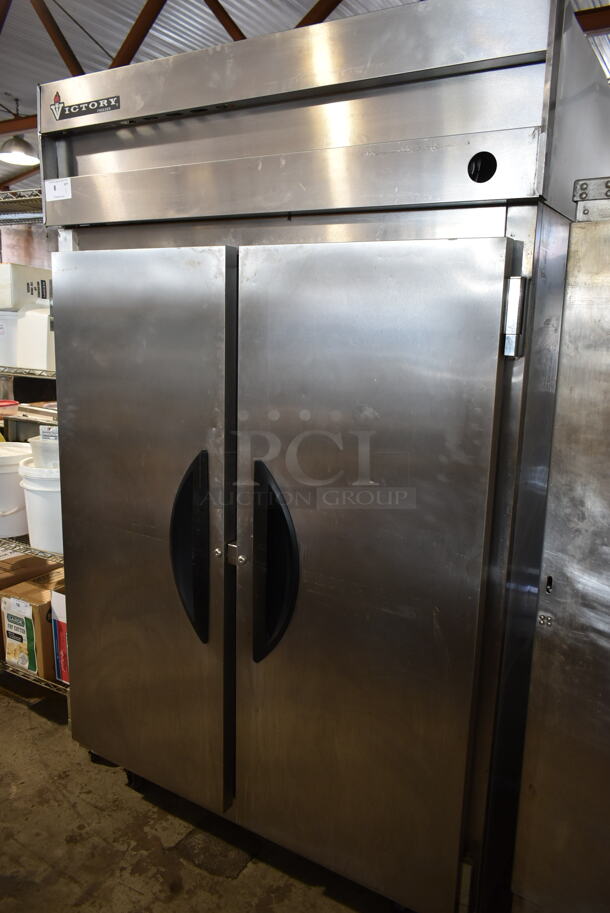 Victory VF-2 Stainless Steel Commercial 2 Door Reach In Freezer w/ Metal Pan Rack on Commercial Casters. 115 Volts, 1 Phase. Tested and Working!
