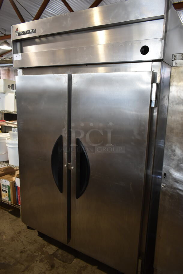 Victory VF-2 Stainless Steel Commercial 2 Door Reach In Freezer w/ Metal Pan Rack on Commercial Casters. 115 Volts, 1 Phase. Tested and Working! - Image 1 of 7