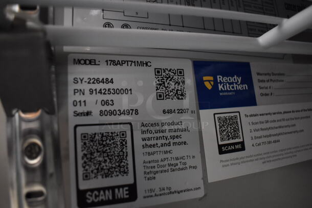 BRAND NEW SCRATCH AND DENT! Avantco 178APT71MHC Stainless Steel Commercial Sandwich Salad Prep Table Bain Marie Mega Top on Commercial Casters. 115 Volts, 1 Phase. 70.5x34x47. Tested and Working! - Image 6 of 10