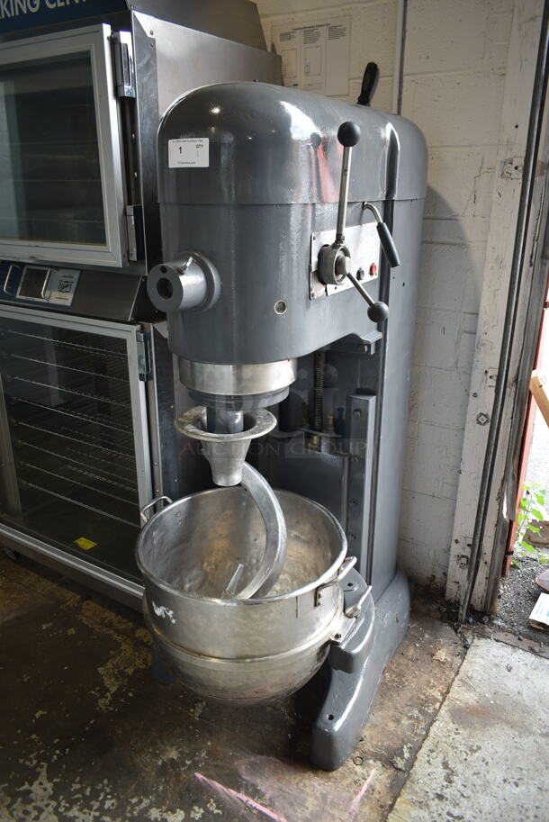 Hobart M 802 Metal Commercial Floor Style 80 Quart Planetary Dough Mixer w/ Metal Mixing Bowl and Dough Hook Attachment. 220 Volts, 3 Phase.