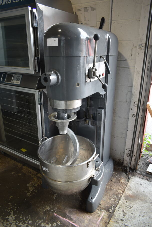 Hobart M 802 Metal Commercial Floor Style 80 Quart Planetary Dough Mixer w/ Metal Mixing Bowl and Dough Hook Attachment. 220 Volts, 3 Phase. - Image 1 of 10
