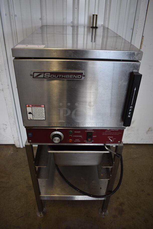 Southbend Stainless Steel Commercial Electric Powered Single Deck Steam Cabinet on Stand. 125/250 Volts, 1 Phase. 20x30x47.5
