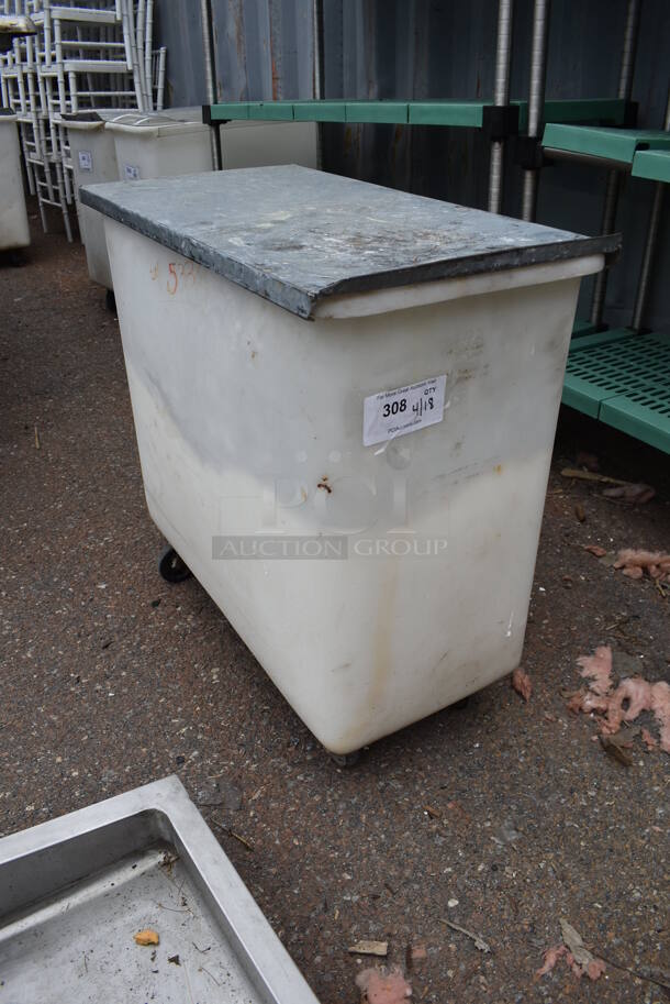 White Poly Ingredient Bin w/ Metal Lid on Commercial Casters. - Image 2 of 4