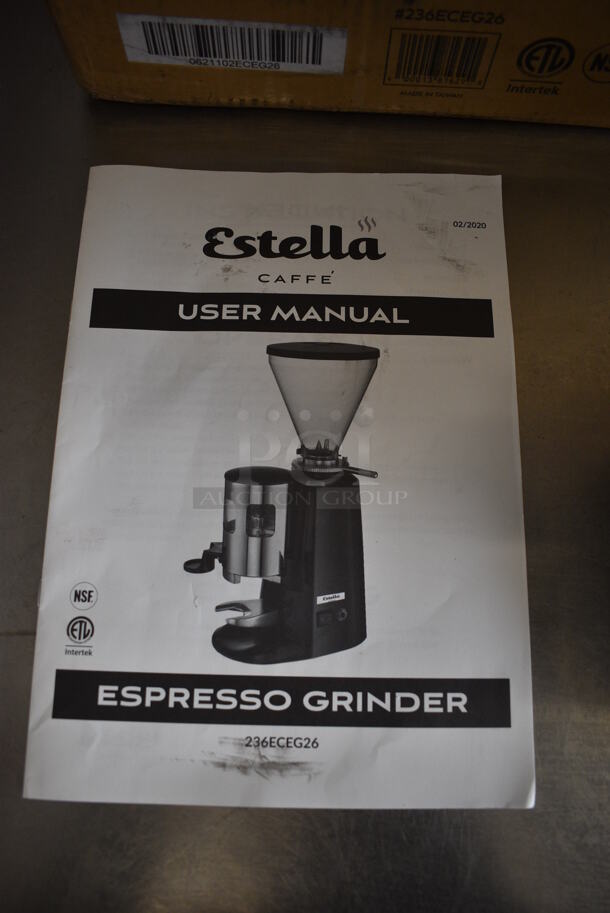 BRAND NEW IN BOX! Estella Model 236ECEG26 Metal Commercial Countertop Espresso Bean Grinder w/ Hopper. Unit Was Only Used as a Demonstration at Trade Shows. 110/120 Volts, 1 Phase. 9x14x22. Tested and Working! - Image 6 of 8