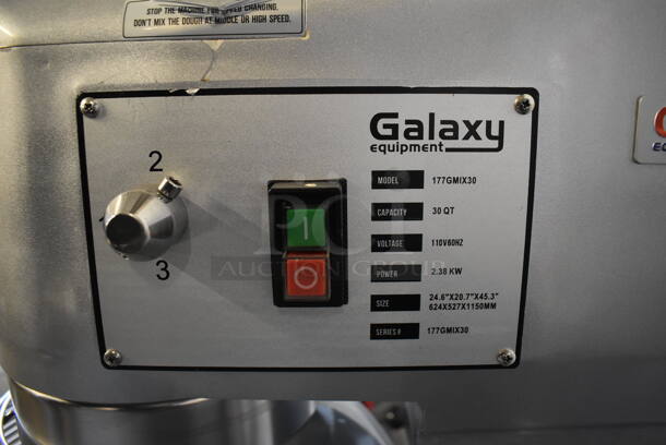 BRAND NEW SCRATCH AND DENT! Galaxy 177GMIX30 Metal Commercial Floor Style 30 Quart Planetary Dough Mixer w/ Stainless Steel Mixing Bowl, Bowl Guard, Dough Hook, Balloon Whisk and Paddle Attachments. 110 Volts, 1 Phase. 20x26x48. Tested and Working! - Image 9 of 11