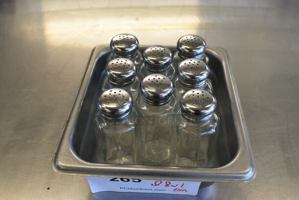 ALL ONE MONEY! Lot of 8 Salt / Pepper Shakers in Stainless Steel 1/6 Size Drop In Bin. Includes 1.5x1.5x4