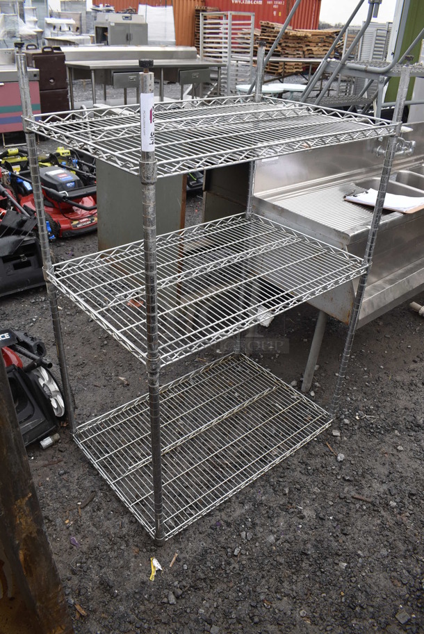 Chrome Finish 3 Tier Wire Shelving Unit. BUYER MUST DISMANTLE. PCI CANNOT DISMANTLE FOR SHIPPING. PLEASE CONSIDER FREIGHT CHARGES. 36x24x55