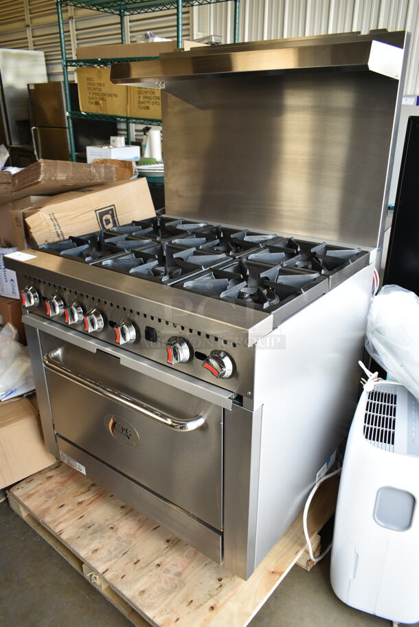 BRAND NEW SCRATCH AND DENT! Cooking Performance Group CPG 351CO36N Stainless Steel Commercial Combi Gas; Natural or Propane Gas Powered 6 Burner Range w/ Convection Oven, Over Shelf and Back Splash. 212,000 BTU.  - Image 3 of 7