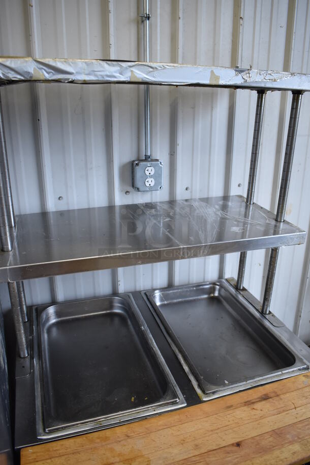 Stainless Steel Commercial 2 Well Steam Table w/ Butcher Block Cutting Board, 2 Tier Over Shelves and Under Shelf. 115 Volts, 1 Phase. 34x30.5x64. Tested and Does Not Power On - Image 3 of 6