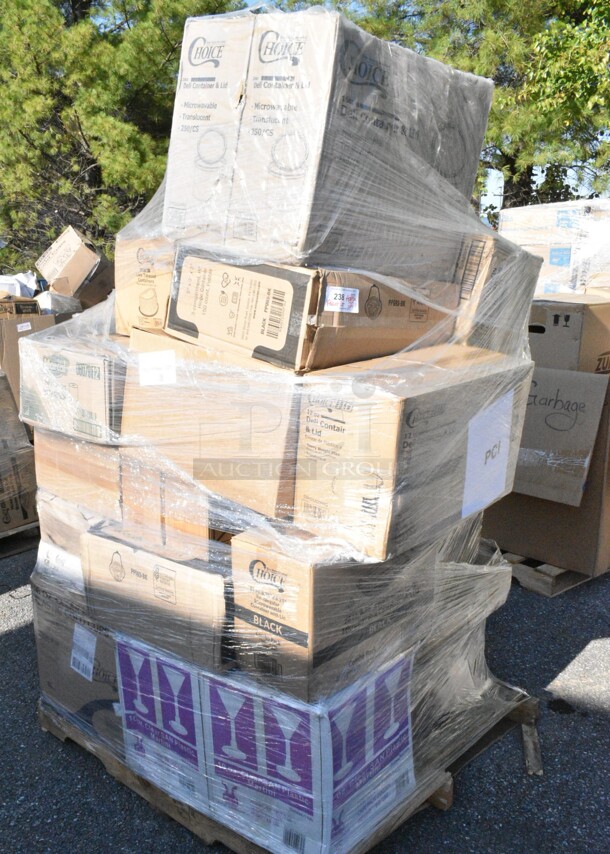 29 BRAND NEW Boxes Including 128HD12COMBO Choice Heavy Duty 12 oz. Microwavable Translucent Plastic Deli Container and Lid Combo Pack - 240/Case, 2 Box 129MCS28B Choice 28 oz. Black Rectangular Microwavable Heavy Weight Container with Lid 8 3/4" x 6 1/4" x 1 3/4" - 150/Case, 127RD16COMBO Choice 16 oz. Microwavable Clear Round Deli Container and Lid Combo Pack - 250/Case, 966TALLFLDB Choice White Tall-Fold 6" x 13" Dispenser Napkin - 8000/Case, 5001RT800B Lavex 8" White Hardwound Paper Towel, 800 Feet / Roll - 6/Case, 500CC9 Choice 9 oz. Clear PET Customizable Plastic Squat Cold Cup - 1000/Case, 4338HCAKE12100 Choice 8" High Dome Half Cake Container with Dome Lid - 100/Case, 500CC16 Choice Clear PET Customizable Plastic Cold Cup - 16 oz. - 1000/Case, 130IC20DSP1M Choice 20 lb. Clear Plastic Drawstring Ice Bag with Ice Print - 250/Case, 150CK1515RD Choice 15" x 15" Red Check Deli Sandwich Wrap Paper - 4000/Case. 29 Times Your Bid!  - Image 1 of 12