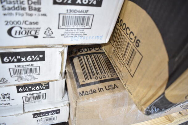 PALLET LOT of 40 BRAND NEW Boxes Including 795PTOKFT3 Choice Kraft Microwavable Folded Paper #3 Take-Out Container 7 3/4" x 5 1/2" x 2 1/2" - 200/Case, 128HD8COMBO ChoiceHD 8 oz. Microwavable Translucent Plastic Deli Container and Lid Combo Pack - 240/Case, 50010WRAPPLA Lavex 10 oz. Kraft Compostable Individually Wrapped Paper Hot Cup - 480/Case, 3 Box 395TO993 EcoChoice 9" x 9" x 3" Compostable Sugarcane / Bagasse 3 Compartment Takeout Container - 200/Case, 5002DNAPBLK Choice 15" x 17" Black Customizable 2-Ply Paper Dinner Napkin - 1000/Case, American Metalcraft CERAM18 18" White Ceramic Pizza Serving Tray, CAC RCN-S16Q Bright White Clinton Square in Square Plate 10 1/2" - 12/Case, 11 Box 130D66UF Choice 6 1/2" x 6 1/4" Unprinted Plastic Deli Saddle Bag with Flip Top - 2000/Case, 5005DNAPFLT Choice Touchstone 16" x 15" White Linen-Feel Flat-Packed Dinner Napkin - 500/Case, 500CC16 Choice Clear PET Customizable Plastic Cold Cup - 16 oz. - 1000/Case, 280SHOOTCLR Choice 5 5/8" Crystal Clear Plastic Test Tube Shot / Shooter - 1000/Case, 500TW35 Choice 3.5 oz. Translucent Thin Wall Plastic Cold Cup - 2500/Case, 2 Box 105GC70002 Choice 2 Part Green and White Carbonless Guest Check Book - 50/Case, Dart 205HT1 White Foam Take Out Container with Perforated Hinged Lid 9" x 6" x 3" - 200/Case, 2 Box 5001RTSELNAT Lavex Select 1-Ply Natural Kraft Paper Towel Roll, 665 Feet / Roll - 6/Case, 2 Box 500TW16S Choice 16 oz. Translucent Thin Wall Squat Plastic Cold Cup - 1000/Case, 5014046XXH Lavex Pro 45 Gallon 3 Mil 40" x 46" Low Density Heavy-Duty Industrial Contractor Black Trash Bag / Can Liner - 50/Case, 29500 Sabert 29500 4 Cup Drink Carrier - 200/Case. 40 Times Your Bid!  - Image 12 of 12