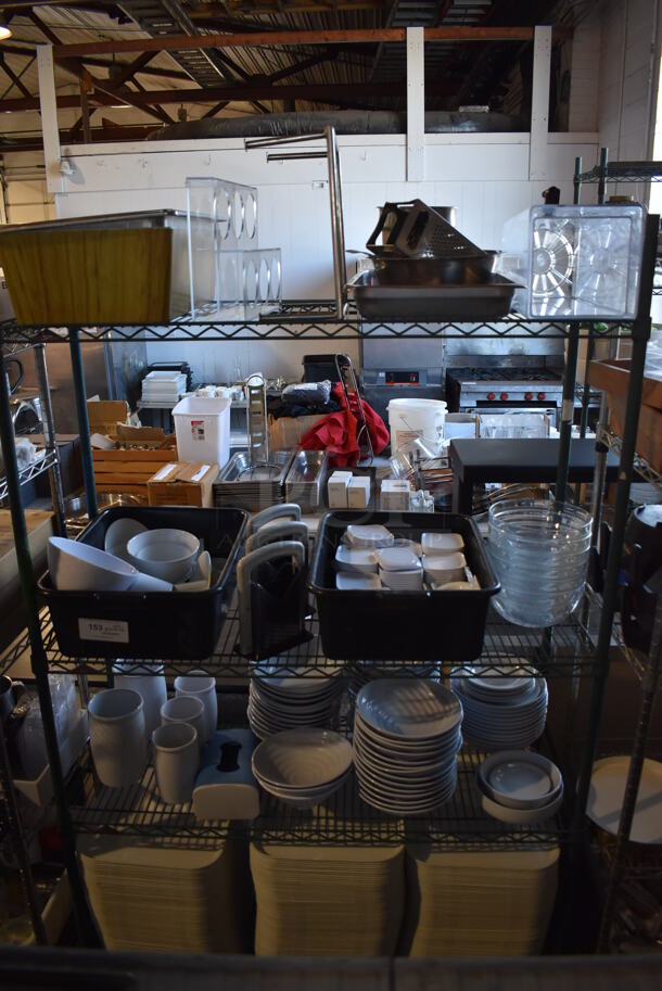 ALL ONE MONEY! Lot of Green Finish 4 Tier Shelving Unit on Commercial Casters w/ Contents Including 3 Bagel Cutters, Poly Bowls, Poly Trays, Ceramic Vases, Ceramic Plates. BUYER MUST DISMANTLE. PCI CANNOT DISMANTLE FOR SHIPPING. PLEASE CONSIDER FREIGHT CHARGES. 48x18x80.  - Image 1 of 12