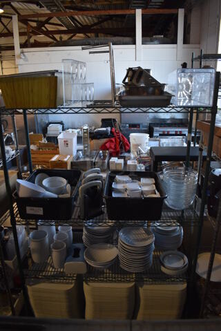 ALL ONE MONEY! Lot of Green Finish 4 Tier Shelving Unit on Commercial Casters w/ Contents Including 3 Bagel Cutters, Poly Bowls, Poly Trays, Ceramic Vases, Ceramic Plates. BUYER MUST DISMANTLE. PCI CANNOT DISMANTLE FOR SHIPPING. PLEASE CONSIDER FREIGHT CHARGES. 48x18x80. 