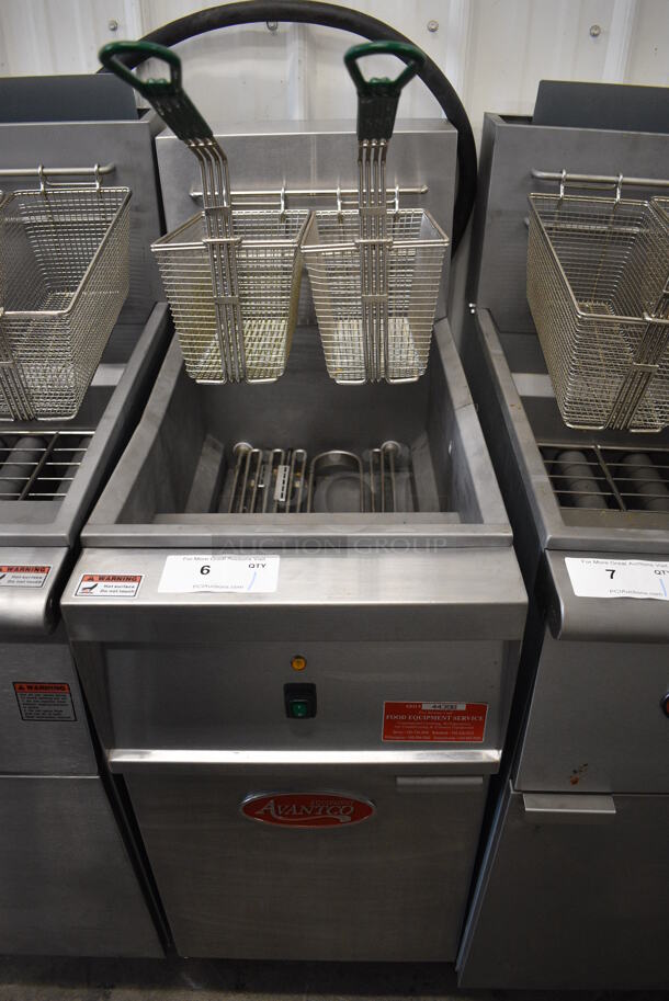 Avantco Model 177EF40B Stainless Steel Commercial Floor Style Electric Powered 40 Pound Capacity Deep Fat Fryer w/ 2 Metal Fry Baskets. 208 Volts, 1 Phase. 15.5x30x45 - Image 1 of 6