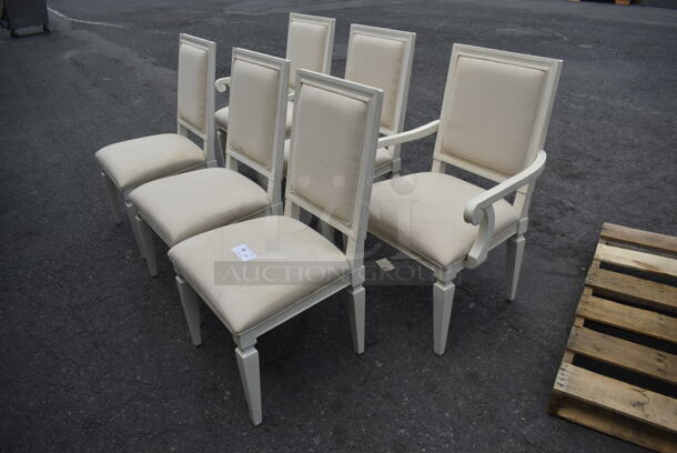 6 Cream Colored Wooden Style Dining Chairs With Both Cream Colored Back And Seat Cushions. 2 Chairs With Arms, And 4 Chairs Without Arms. 6 Times Your Bid! Cosmetic Condition May Vary.  - Image 3 of 3