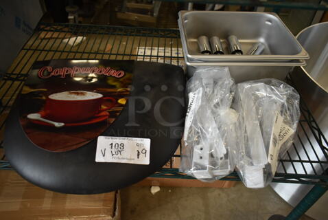ALL ONE MONEY! Lot of BRAND NEW SCRATCH AND DENT! Items Including 233374570000 Bunn 37457.0000 Display Graphics for IMIX-3, Lancaster Table & Seating 164CUSHMTLBK 2 1/2" Black Vinyl Padded Seat for Metal Frame Seating, 2 Bag Galaxy 177HANDLE Handle / Lock for CF Chest Freezers, 4 Metal Legs, 2 Stainless Steel 1/2 Size Drop In Bins. 