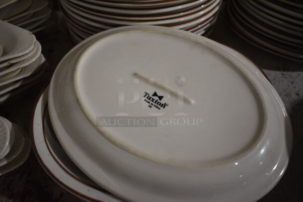 20 White Ceramic Oval Plates w/ Brown Lines on Rim. 11.5x9x1. 20 Times Your Bid! - Image 3 of 3