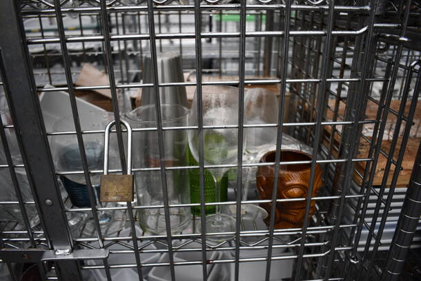 ALL ONE MONEY! Lot of Chrome Finish 5 Tier Shelving Unit on Commercial Casters w/ Liquor Cage and All Contents Including Glasses, White Ceramic Plates. BUYER MUST DISMANTLE. PCI CANNOT DISMANTLE FOR SHIPPING. PLEASE CONSIDER FREIGHT CHARGES. 38x25x68 - Image 7 of 10