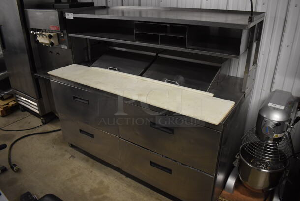 Delfield Stainless Steel Commercial Sandwich Salad Prep Table Bain Marie Mega Top w/ 4 Drawers and Over Shelf on Commercial Casters. 115 Volts, 1 Phase. 64x32x57. Tested and Working! - Image 3 of 10