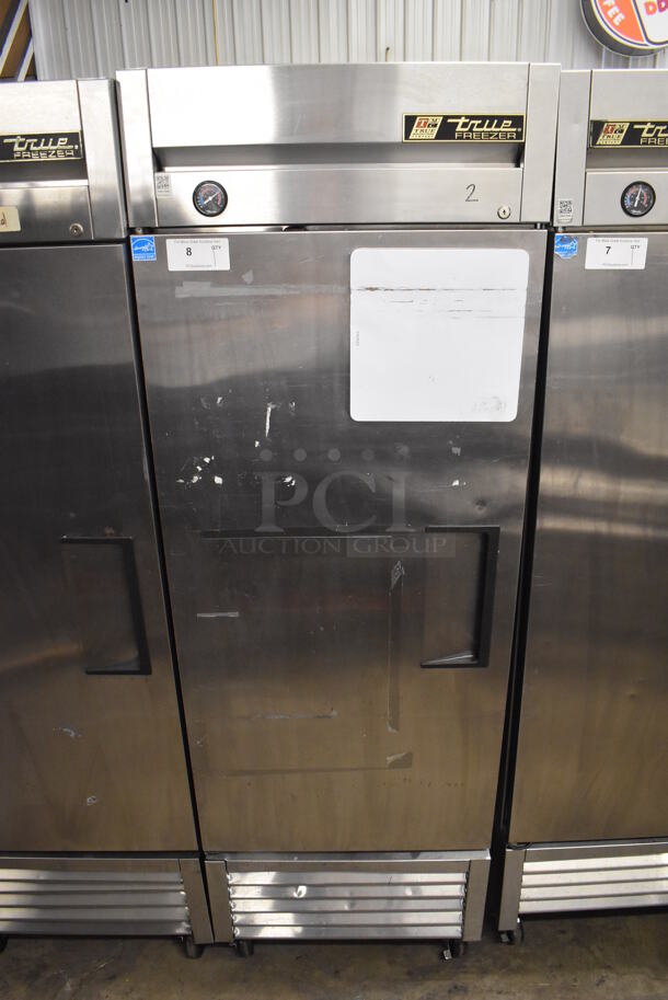 2013 True T-23F ENERGY STAR Stainless Steel Commercial Single Door Reach In Freezer w/ Poly Coated Racks on Commercial Casters. 115 Volts, 1 Phase. 27x30x83.5. Tested and Working! - Image 1 of 7