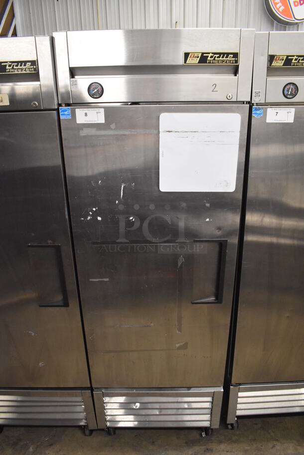 2013 True T-23F ENERGY STAR Stainless Steel Commercial Single Door Reach In Freezer w/ Poly Coated Racks on Commercial Casters. 115 Volts, 1 Phase. 27x30x83.5. Tested and Working!