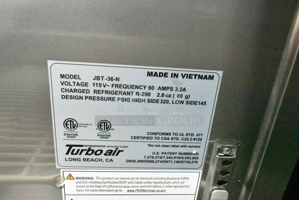LIKE NEW! Turbo Air JBT-36-N Stainless Steel Commercial Prep Table. 115 Volts, 1 Phase. Tested and Working! - Image 8 of 8