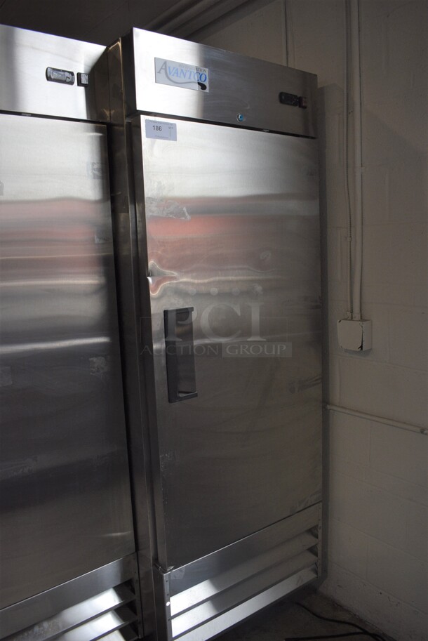 BRAND NEW SCRATCH AND DENT! Avantco Model 178A23RHC Stainless Steel Commercial Single Door Reach In Cooler w/ Poly Coated Racks on Commercial Casters. 115 Volts, 1 Phase. 28x26x82. Tested and Working!