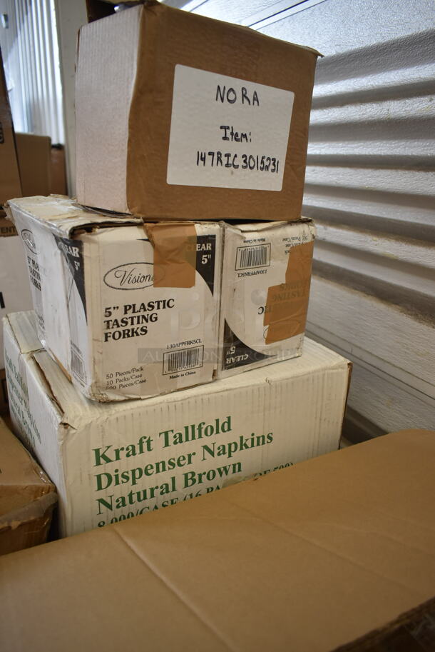 PALLET LOT of 15 BRAND NEW Boxes Including 147RIC3015231 Seko RIC0152313 Front Cover for WareDose Dosing Systems, 2 Box 130APPFRK5CL Visions 5" Clear Plastic Tasting Fork - 500/Box, Kraft Tallfold Dispenser Napkins, Olde Midway Hot Dog Roller Cover, Cambro 35CLRHP150 H-Pan™ 1/3 Size Amber High Heat Plastic Colander Pan - 5" Deep, 5001TPJ Lavex 1-Ply Jumbo 1400' Toilet Paper Roll with 9" Diameter - 12/Case, 128HD12COMBO ChoiceHD 12 oz. Microwavable Translucent Plastic Deli Container and Lid Combo Pack - 240/Case, 2 Box 50020W Choice 20 oz. White Poly Paper Hot Cup - 600/Case, 129MCR24B Choice 24 oz. Black Round Microwavable Heavy Weight Container with Lid 7 1/4" - 150/Case. 15 Times Your Bid! - Image 2 of 12