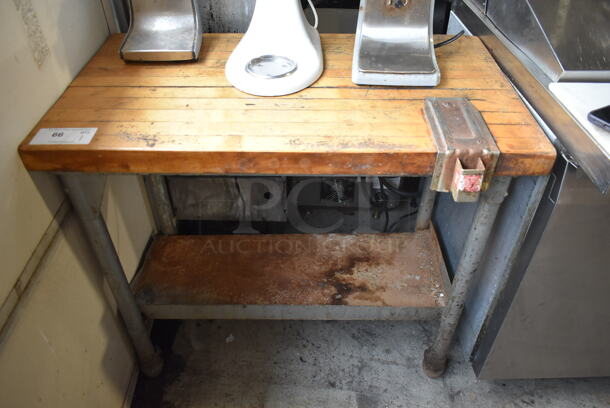 Butcher Block Table w/ Commercial Can Opener Mount and Metal Under Shelf. - Image 1 of 5