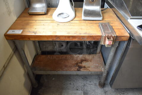 Butcher Block Table w/ Commercial Can Opener Mount and Metal Under Shelf.