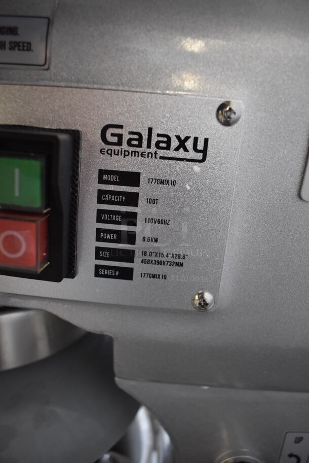 BRAND NEW SCRATCH AND DENT! Galaxy 177GMIX10 Metal Commercial Floor Style 10 Quart Planetary Dough Mixer w/ Stainless Steel Mixing Bowl, Bowl Guard, Dough Hook, Balloon Whisk and Paddle Attachments. 110 Volts, 1 Phase. 15x18x29. Tested and Working! - Image 7 of 8