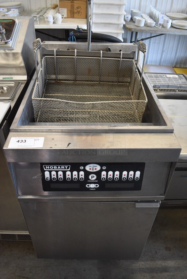 Hobart Stainless Steel Commercial Floor Style Electric Powered Oversized Deep Fat Fryer on Commercial Casters. Appears To Have a 75 Pound Capacity. 208-250 Volts, 3 Phase. 21x37x60