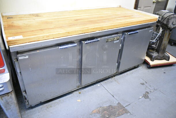 Beverage Air SUR72-15 Stainless Steel Commercial 3 Door Work Top Cooler w/ Butcher Block Countertop. 115 Volts, 1 Phase. This Unit Was In Working Condition When the Restaurant Closed. (kitchen) - Image 5 of 5