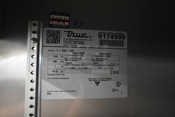 2017 True T-72F-HC Stainless Steel Commercial 3 Door Reach In Freezer on Commercial Casters. 115 Volts, 1 Phase. Tested and Working! - Image 9 of 9