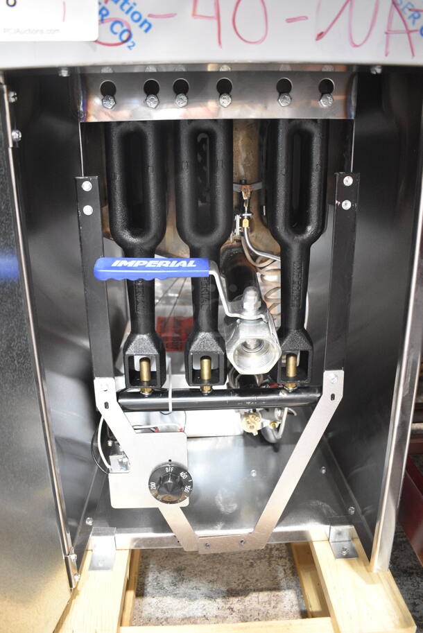 BRAND NEW SCRATCH AND DENT! Imperial IFS-40 Stainless Steel Commercial Floor Style Natural Gas Powered Deep Fat Fryer w/ 2 Metal Fry Baskets. Does Not Have Back Panel. 105,000 BTU.  - Image 6 of 7