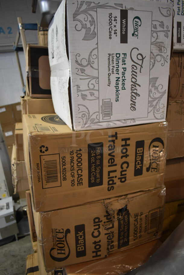 PALLET LOT of 35 BRAND NEW Boxes Including 5005DNAPFLTE Choice Touchstone White Linen-feel Dinner Napkin, 128HD8COMBO Choice Microwavable Translucent Plastic Deli Container and Lid, 2 Box 500L1020B Choice Black Hot Paper Cup Travel Lid, 485COLWNEON Choice Neon Wrapped Straw, 245CB12 Choice Customizable Plain Pizza Box, 500MF993B1C Choice 9" x 9" 1-Compartment Microwaveable Black Mineral-Filled Plastic Hinged Take-Out Container - 150/Case, RK12 Fabri-Kal RK Ribbed Cold Drink Cups, 12oz, Translucent, 50/Sleeve, 20 Sleeves/Carton, 2 Box 760V32 Carnival King 32 oz. Popcorn Cup - 500/Case, 760VP64 Carnival King Popcorn Bucket, Kari-out Company Japanese style Bamboo Chopsticks. 35 Times Your Bid! - Image 3 of 12