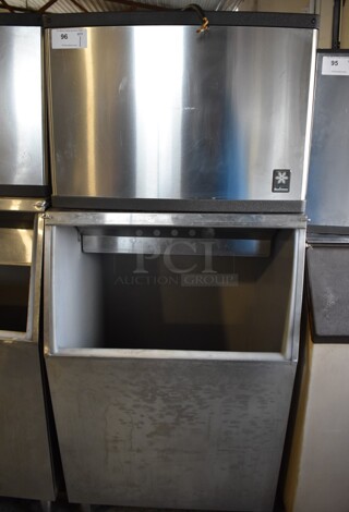Manitowoc QY0454A Stainless Steel Commercial Ice Head on Commercial Ice Bin. Lid for Ice Bin Needs To Be Reattached. 115 Volts, 1 Phase. 30x30x72