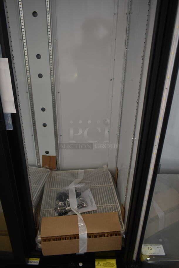 BRAND NEW SCRATCH AND DENT! Beverage Air MT34-1 ENERGY STAR Metal Commercial 2 Door Reach In Cooler Merchandiser w/ Poly Coated Racks. See Pictures for Glass Damage on Left Door. 115 Volts, 1 Phase. Tested and Working! - Image 9 of 11