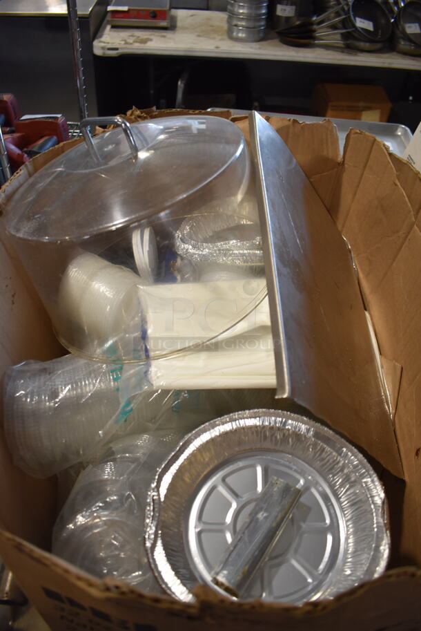 ALL ONE MONEY! Lot of Various Items Under Table Including Poly Silverware Bins, Painting Supplies and Plastic Lids - Image 7 of 12